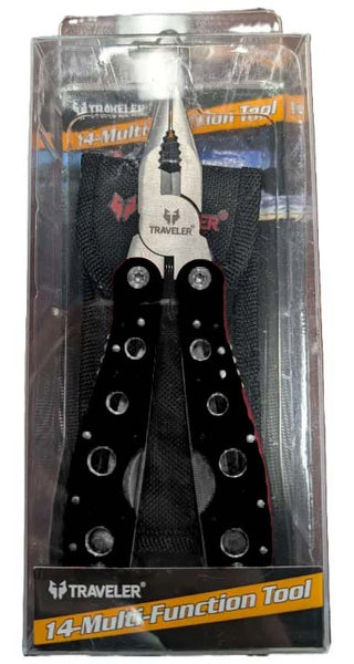 Multi-function tool in packaging with 'Traveler' branding. With Black Handle