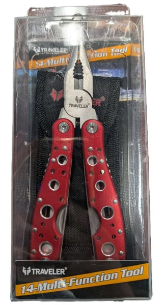 Red multi-function tool with black sheath in clear packaging