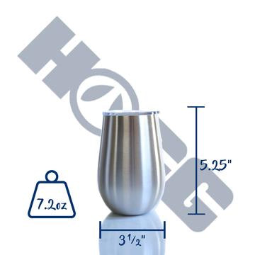 14 oz stemless wine glass measurements; 5.25" tall and 3 1/2" wide