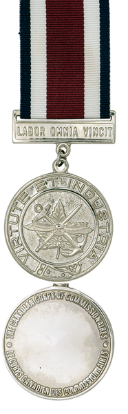 Silver front and back face of the commissionare long service medal, also shown is the dark blue, white and red ribbon.