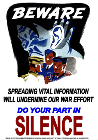 Beware poster with text "Spreading vital information will undermine our war effort. Do you part in silence."
