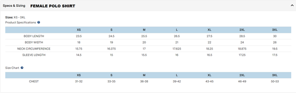 Size Guide for female polo shirts