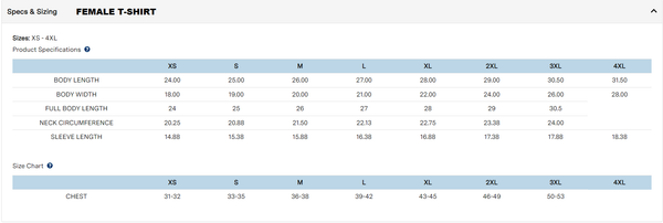 Size chart for Women's shirts