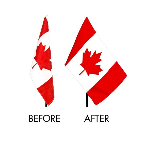 Example of flag spreader in use with Canadian flag. Flag on the left is folded in, flag on the right is fully unfolded