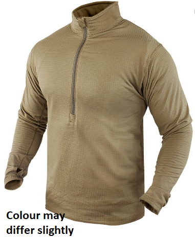 Tan zip-up long sleeve shirt.