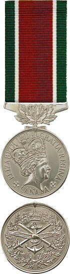 Front and back face of the silver General Service Medal. The ribbon is the green, white, and red south-west asia ribbon.