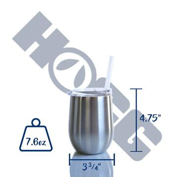 Stainless Steel wine glass measurements: 7.6 oz 3.75 in by 4.75 in