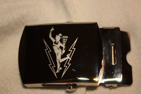 Silver belt buckle featuring engraved Mercury (Jimmy) with lightning bolts.