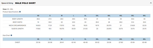 Size guide for male polo shirts.