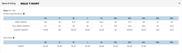Size chart for men's shirts
