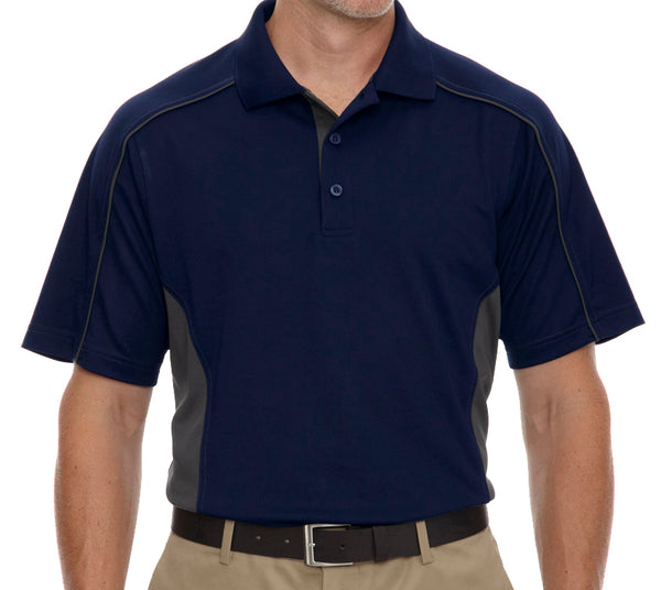 Close-up of men's short-sleeve polo shirt, front view.