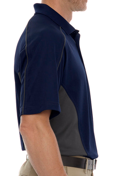 Side view of men's short-sleeve polo shirt, front view.