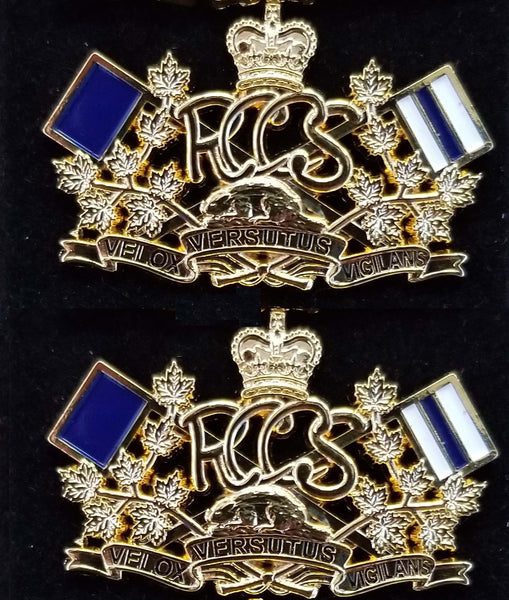 Pair of gold collar dogs with the new RCCS uniform crest on it.