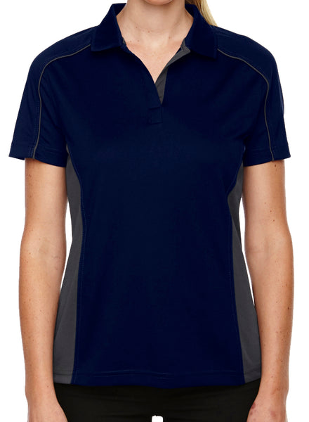 Front view of women's short-sleeve polo shirt, front view.