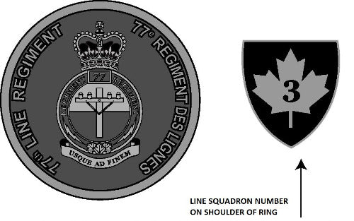 Graphic showing the desing for the 77 Lineman ring. The graphic has a circular face with 77th Line Regiment and 77e Regiment des Lignes alon the outside, and the 77 Lineman crest in the cetner. Beside this is the image of a maple leaf with the number 3 in it. Below the maple leaf is the text Line Squadron Number on shoulder of ring.