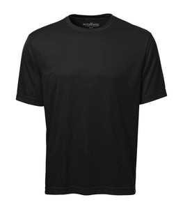 Front of black dry-wick short sleeved shirt.