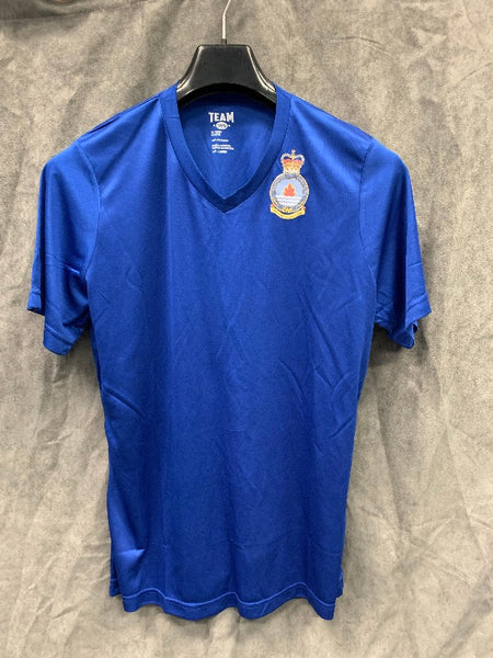 Blue women's Dry wick t-shirt with 76 Comm Regiment Crest