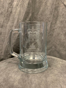 Glass beer mug with 76 Comm Regiment Crest