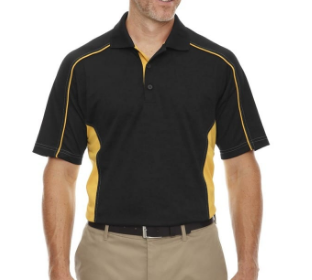 Men's black and yellow polo shirt.