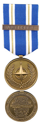 Front and back face of broze Nato medal. Also shown is the blue and white, and gold (2 stripes) ribbon and bar for Aritcle 5 (Active Endeavor)