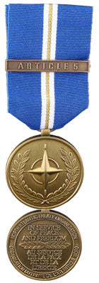 Front and back face of broze Nato medal. Also shown is the blue and white, and gold (1 stripe) ribbon and bar for Article 5 (Eagle Assist).