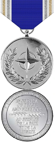 Front and back face of the silver Nato Meritorious Medal, also shown is the white, gold, silver, and blue ribbon.
