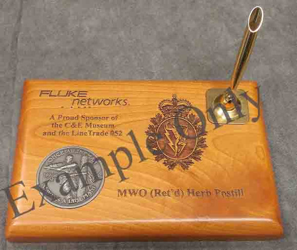 Pen stand with inlaid coin and engraving