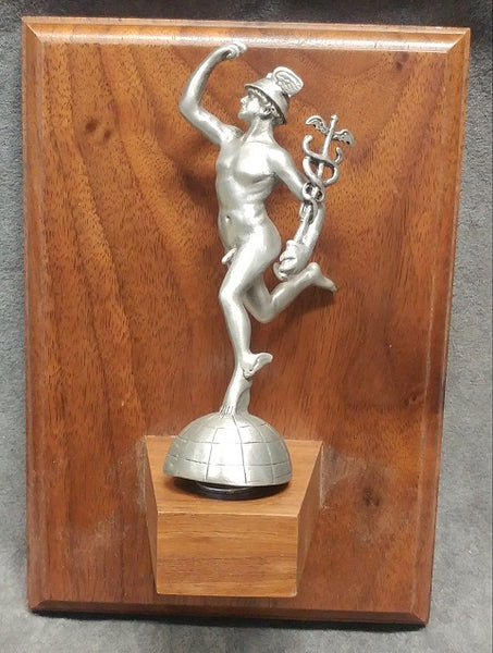 Wood wall plaque featuring mini mercury statue