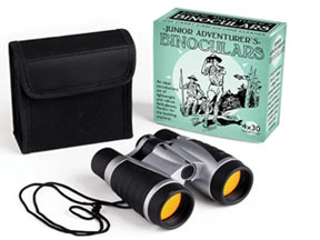 Toy binoculars with carrying case and display box.