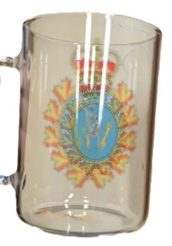 Clear glass mug with C&E Crest