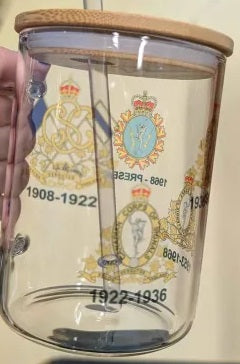 Glass container with Signals cap badge design