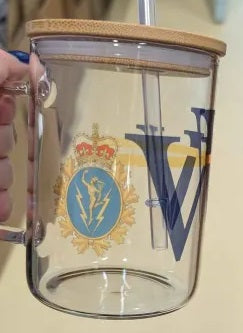 Glass mug with wooden lid and VVV Crest with C&E Crest