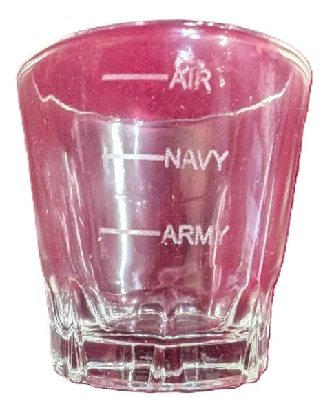 Shot glass with 'Air', 'Navy', and 'Army' labels on a white background