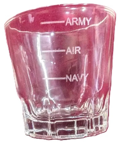 Shot glass with 'ARMY', 'AIR', 'NAVY' etching on a white background