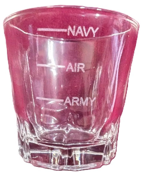 Shot glass with 'Navy', 'Air', and 'Army' text on a white background