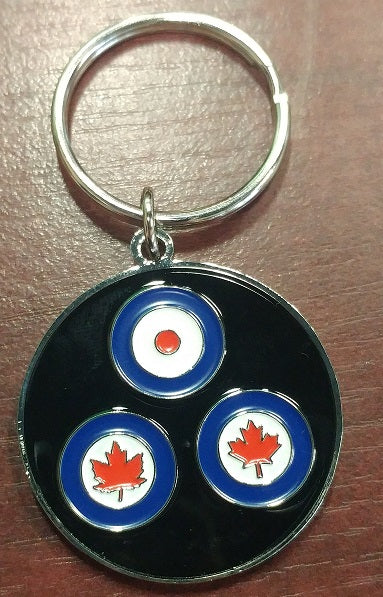 Back of 100th anniversary RCAF keychain features 3 rondels from air force logo present and past