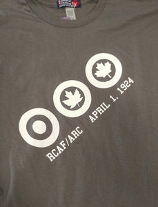 100% cotton grey t-shirt Featuring Airforce Roundels in white and "RCAF/ARC April 1, 1924" text in white