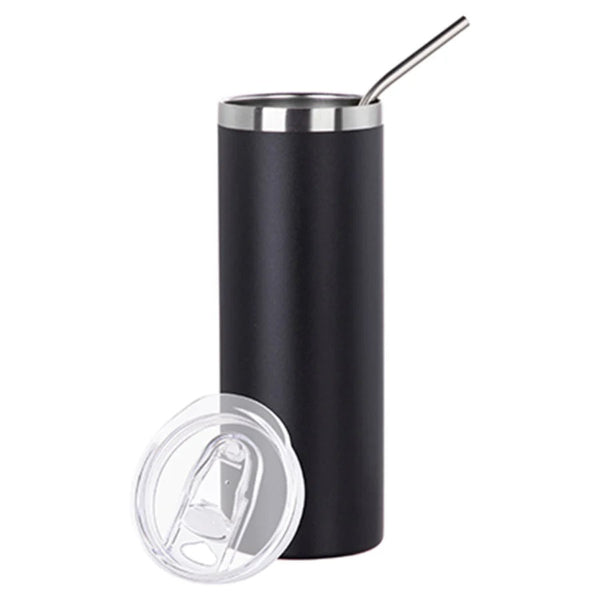 Black insulated tumbler with a straw on a white background
