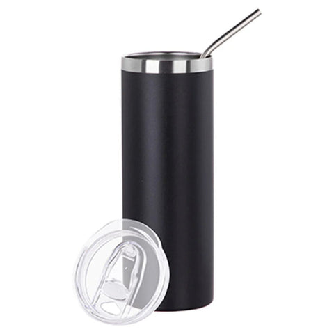 Black insulated tumbler with a straw on a white background