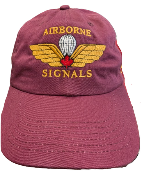 Airborne Signals hat with Red Maple Leaf. Maroon hat