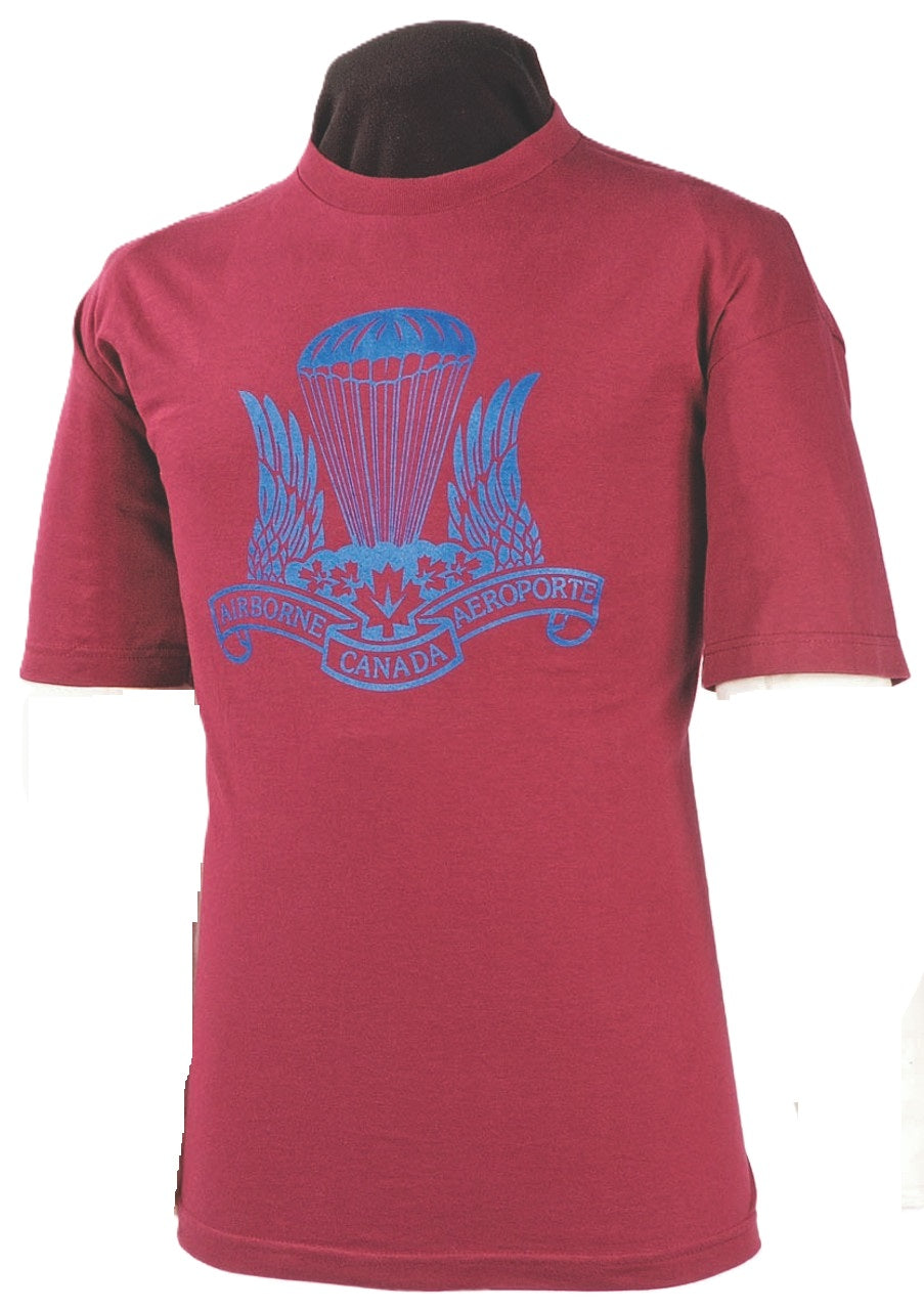 Maroon t-shirt with Airborne Regiment Crest