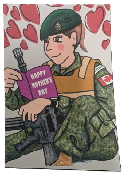 Cartoon soldier holding a 'Happy Mother's Day' card with a heart-patterned background