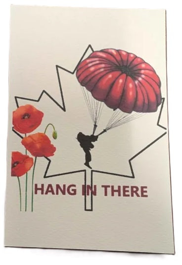 Motivational card with red poppies, a silhouette of a person on a parachute, and the text 'Hang in there' on a beige background.