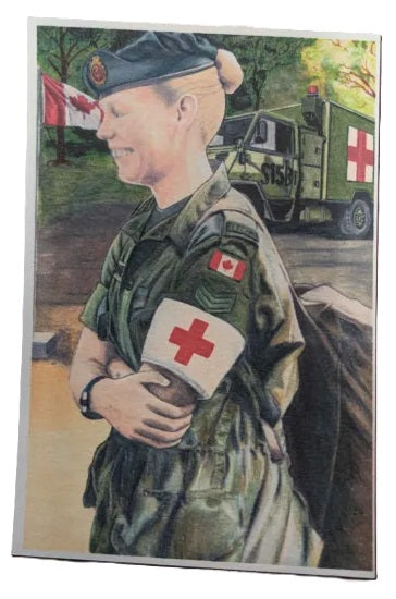 Person in military uniform with a red cross on a background of a vehicle and flags