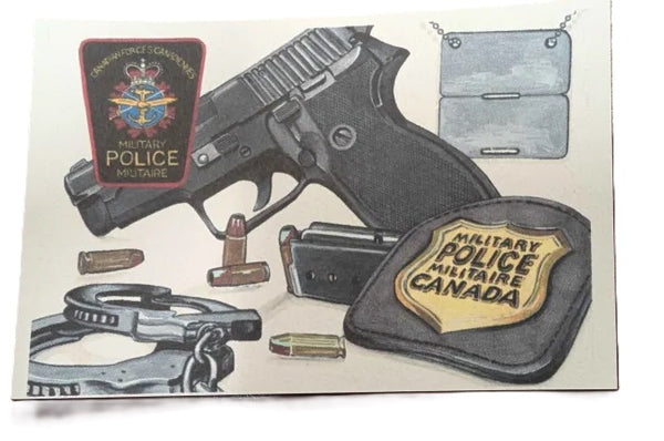 Illustration of a gun, handcuffs, and police badge with 'Military Police Militaire Canada' text on a white background.