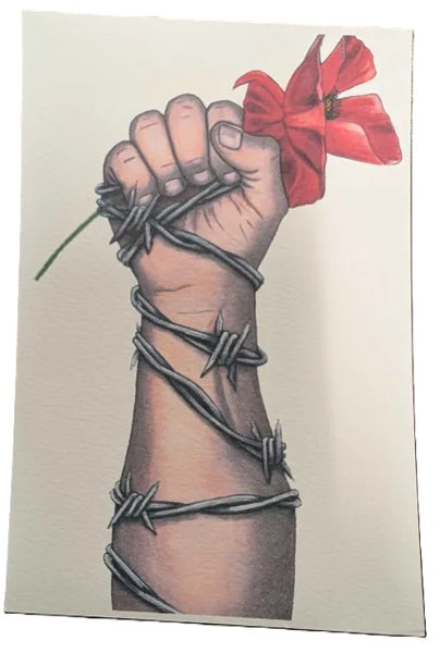 Illustration of a hand holding a poppy with barbed wire wrapped around it on a beige background