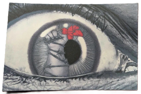 Illustration of an eye with a fist holding a poppy inside, the arm is wrapped in barbed wire