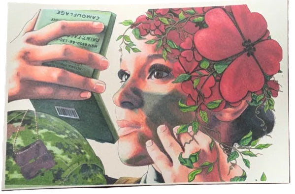Soldier applying camouflage make-up with poppies in her hair 