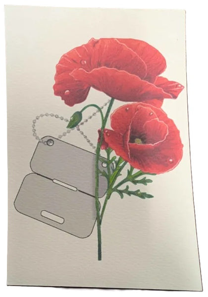 Card with poppies and metal dog tags on a beige background