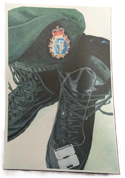 Green military helmet with C&E Crest and boots on a white background